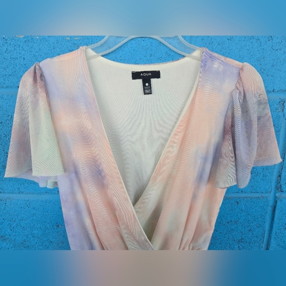 AQUA WOMEN'S Pastel Tie-Dye Wrap Dress STRETCH V NECK RUCHED Sz S - Picture 2 of 6